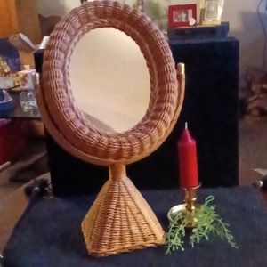 Vintage 1950's French  Wicker Braided Rattan Rotating Vanity Table Mirror